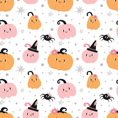 Cute Halloween seamless pattern. Funny pumpkin and spider. Pink colors, childish print party decoration. Decor textile, wrapping paper, wallpaper design, vector background