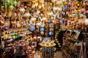 Istanbul, Turkey - January 2022- Colourful turkish lamps at the Grand Bazaar