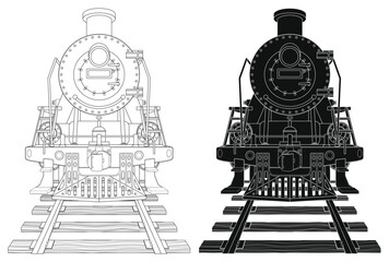 Layered editable vector illustration silhouette of old fashioned steam locomotive.