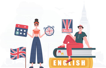 The concept of learning English. Woman and man English teachers. trendy style. Vector.