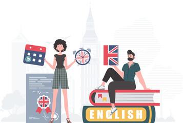 The concept of learning English. Woman and man English teachers. Trendy cartoon style. Illustration in vector.