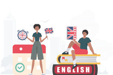 The concept of learning English. Woman and man English teachers. Trendy flat style. Vector illustration.