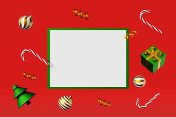 Christmas greeting card mockup fir tree balls candy cane gift box golden ribbon 3d rendering. Empty board template green picture frame red background. Winter seasonal sale shop advertising text place