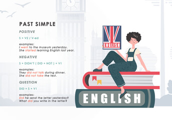 Past simple. Rule for the study of tenses in English. The concept of learning English. Trendy character cartoon style. Vector.