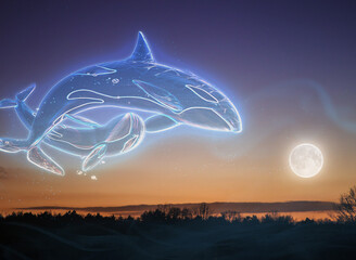 Leuchtende Orcas am Nachthimmel kurz nach Sonnenuntergang. Fantasie Art, Digitial Art, Collage Art.