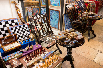 ISTANBUL TURKEY, January 2022. Different souvenirs at the Grand Bazaar.