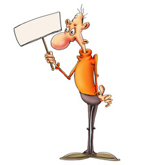 a man holds a sign. cartoon caricature on a white background.