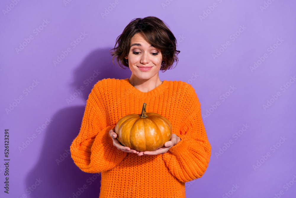 Sticker photo of young lovely girl look buy pumpkin cook healthy dish diet fresh isolated over violet color 