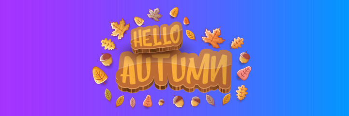 vector hello autumn horizontal banner or label with text and falling autumn leaves on blue horizontal background. Cartoon hello autumn poster, flyer or banner