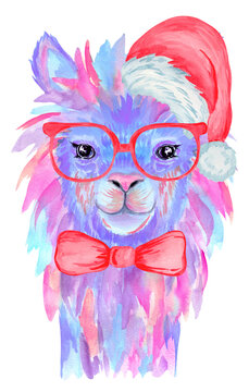 Cute Christmas animal hand painting art. Watercolor pink llama in red hat, with glasses and tie illustration isolated on white background.