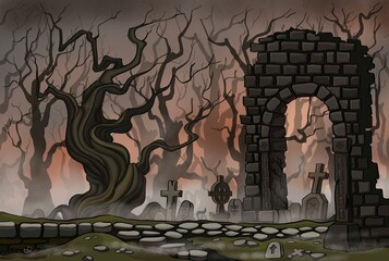 landscape with ruined mansion, graveyard and forest silhouette in fog clouds. Scary Halloween background. sinister background - 526124859