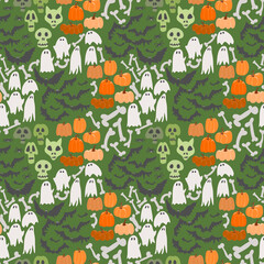seamless pattern with Halloween flat elements - skulls, pumpkins, bats and ghosts. clipart is suitable for creating art, postcards, wrapping paper. - 526124861