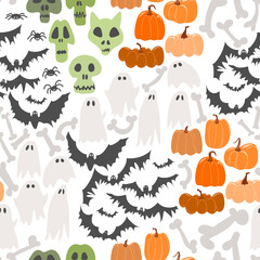 seamless pattern with Halloween flat elements - skulls, pumpkins, bats and ghosts. clipart is suitable for creating art, postcards, wrapping paper. - 526124866