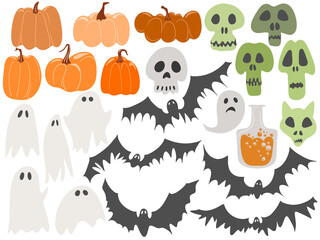 set of flat elements for halloween - skulls, pumpkins, bats and ghosts. clipart is suitable for creating art, postcards, wrapping paper. - 526124867