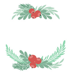 set of flat images of pine branches, red berries for christmas and new year. template for christmas cards in minimalist style - 526124872