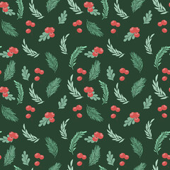 set of flat images of pine branches, red berries for christmas and new year. seamless pattern perfect for wrapping paper, labels and gift items - 526124876