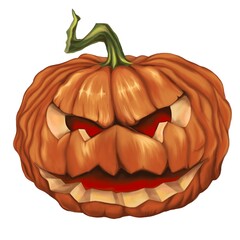 Evil round pumpkin with red eyes. Halloween. Jack Lantern. Unusual Jack lantern. Halloween pumpkin. - 526124879