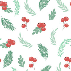 set of flat images of pine branches, red berries for christmas and new year. seamless pattern perfect for wrapping paper, labels and gift items - 526124880