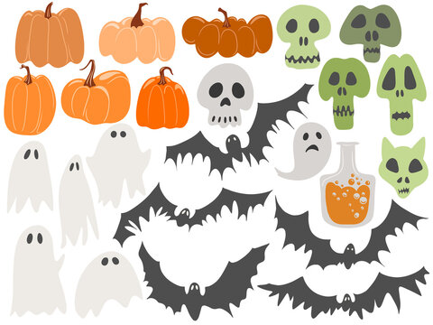 set of flat elements for halloween - skulls, pumpkins, bats and ghosts. clipart is suitable for creating art, postcards, wrapping paper.