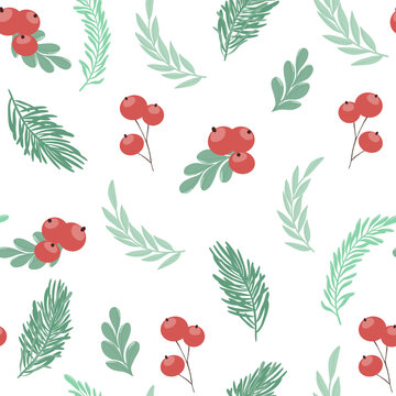 set of flat images of pine branches, red berries for christmas and new year. seamless pattern perfect for wrapping paper, labels and gift items
