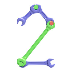 Number 2 made of wrenches and bolts randomly colored with car paint, isolated on transparent background, 3d rendering