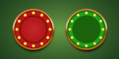 Round blank background for casino. Empty background for placing elements on the theme of the casino. Red and green luxury background with a brown wooden frame and light bulbs in a circle.