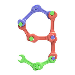 Number 9 made of wrenches and bolts randomly colored with car paint, isolated on transparent background, 3d rendering