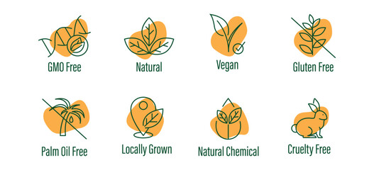gmo free, natural, vegan, gluten free, palm oil free, locally grown, natural chemical, cruelty free icon vector illustration  - obrazy, fototapety, plakaty