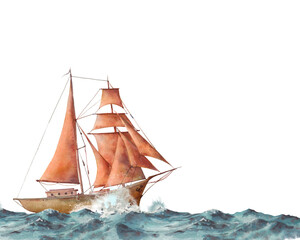 Watercolor sailing scene. Nautical illustration with ship and sea