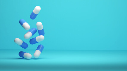 Drug production for medical use,drug on blue background, medicine, 3D rendering