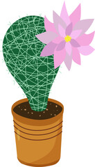 Vector illustration. Green cactus with a pink flower in a sand-colored pot. Isolated object on white background. Fletus, succulent, indoor plant, flower pot.