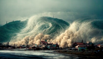 tsunami, big waves hitting town, force of nature illustration - obrazy, fototapety, plakaty
