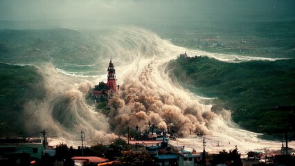 tsunami, dangerous waves at a coast illustration - obrazy, fototapety, plakaty