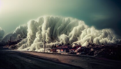 tsunami destroys buildings, illustration force of nature - obrazy, fototapety, plakaty