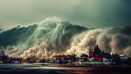 dangerous tsunami, earthquake sea waves illustration - obrazy, fototapety, plakaty