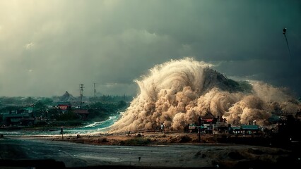 tsunami illustration, force of nature  - obrazy, fototapety, plakaty