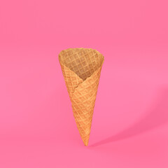 Waffle cone floating on a pink background, 3d render