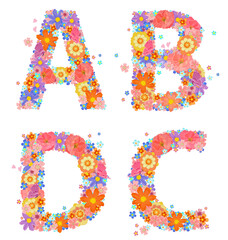 cheerful floral font alphabet with perching butterflies and flyi