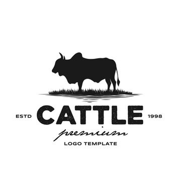 vector cow silhouette on meadow for cattle farm logo