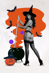 Collage photo of young nude attractive witch wear lingerie stockings seduce brew potion isolated on...
