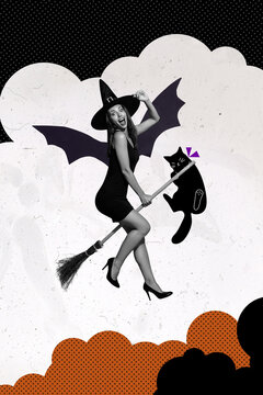 Collage photo of young attractive funny girl wear halloween costume hat weird bat wings fly broom isolated on painted background
