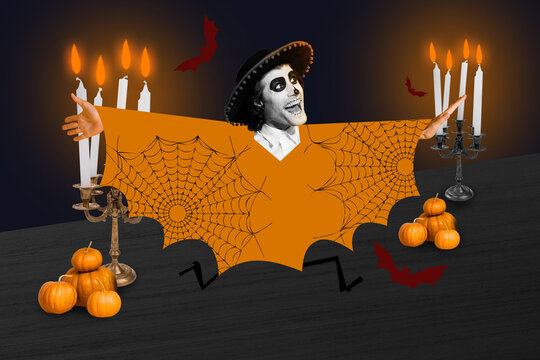 Collage photo of happy halloween celebrate running absurd bat man showing wings want blood isolated on board background