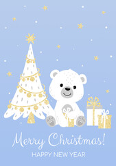 Postcard for New Year and Christmas. Cute polar bear, Christmas tree, gifts, stars, snow with gold glitter effect A5 format	
