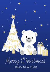 Postcard for New Year and Christmas. Cute polar bear, Christmas tree, gifts, stars, snow with gold glitter effect A5 format	
