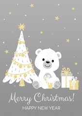 Postcard for New Year and Christmas. Cute polar bear, Christmas tree, gifts, stars, snow with gold glitter effect A5 format	
