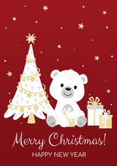 Postcard for New Year and Christmas. Cute polar bear, Christmas tree, gifts, stars, snow with gold glitter effect A5 format	
