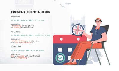 Present continuous. Rule for the study of tenses in English. The concept of learning English. Flat character modern style. Vector.