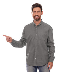 Handsome man gesturing on white background. Weather forecast reporter