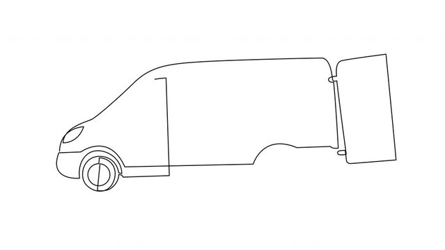 Self drawing animation of cargo van with open doors. Continuous one line drawing.