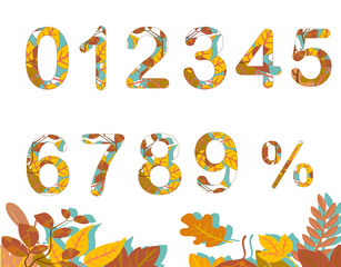 numbers with autumn leaves pattern. Number series from zero to nine. There is a percent sign for discounts. Autumn numbers collection.